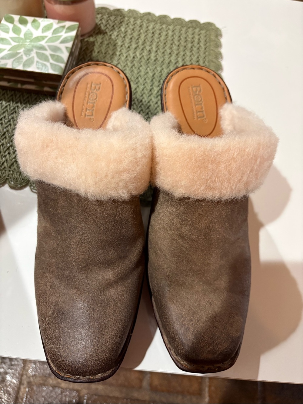 Born Women's Brown Suede Mule with Cream Shearling Collar
